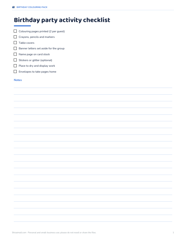 Preview of Printable Birthday Party Activity Checklist